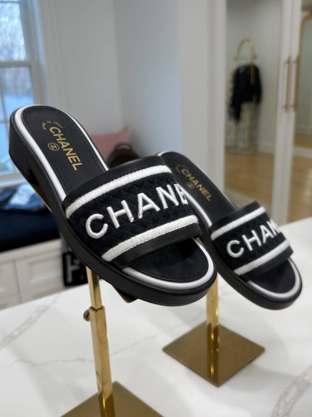 CHANEL Black and White Logo Slide Mules - Picture 3 of 3